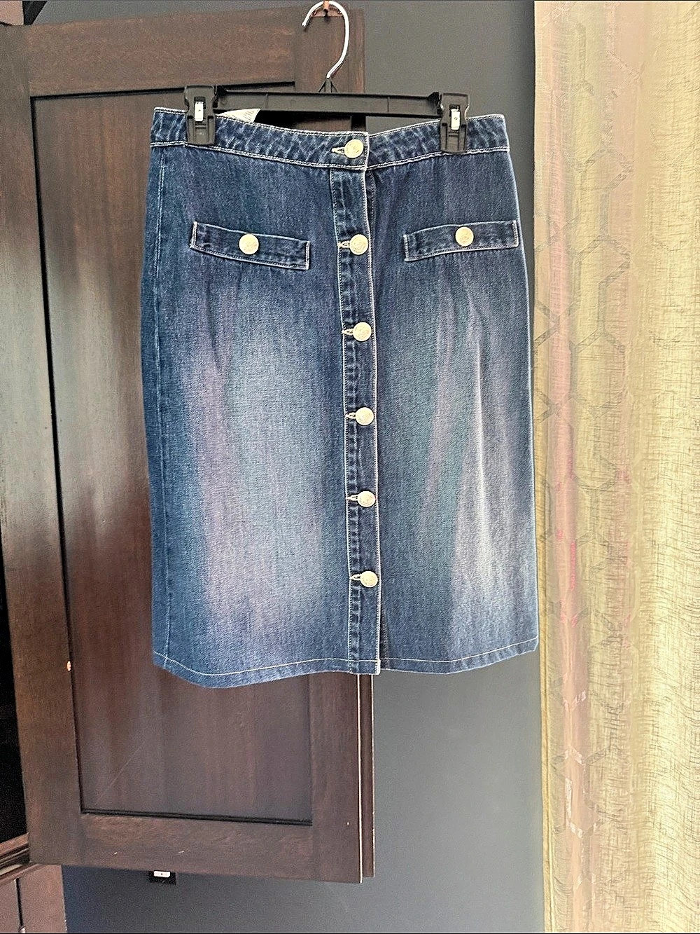Denim Button-Front Midi Skirt in Blue Like New